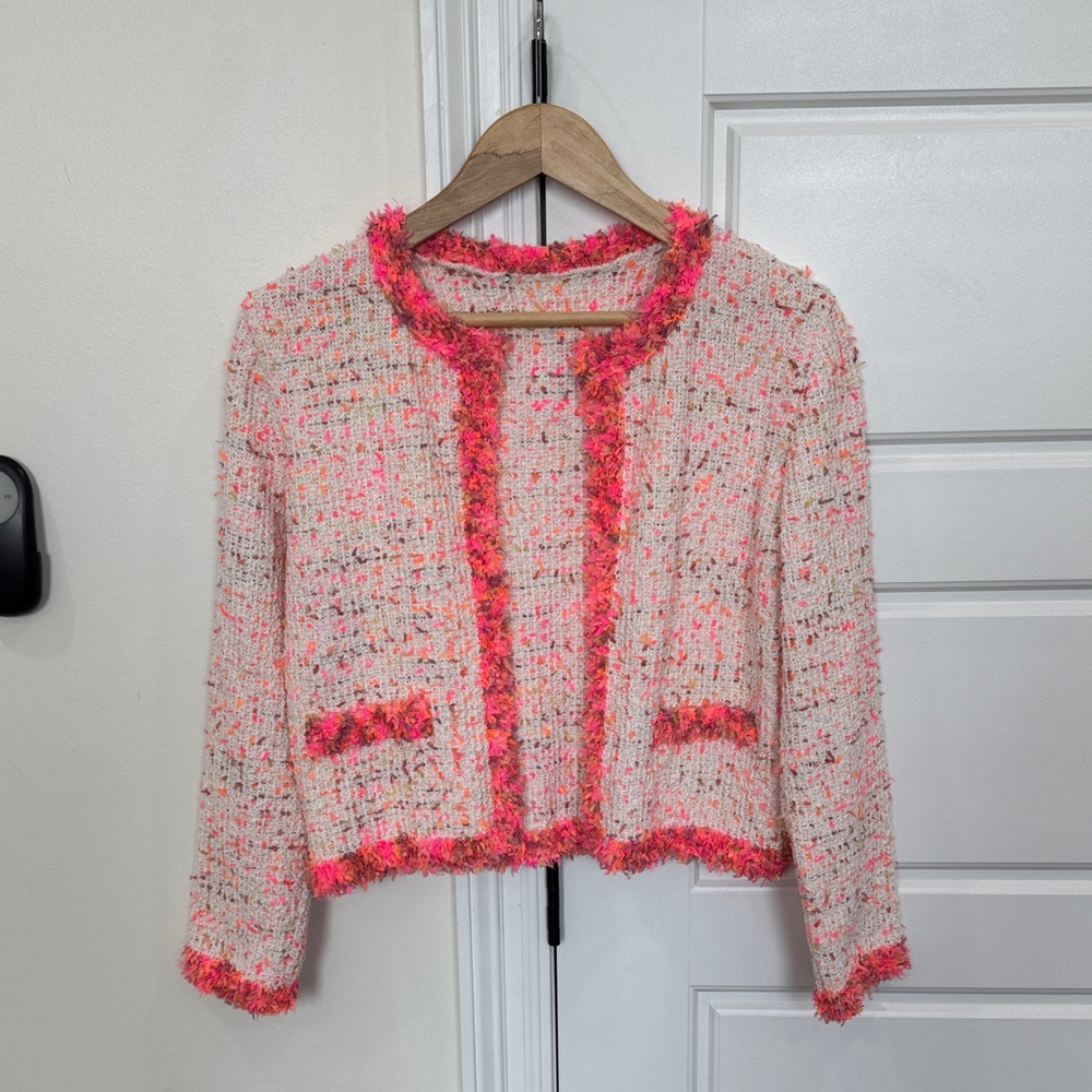Womens Tweed Open Front Blazer Cardigan Jacket White Pink Orange Statement Piece